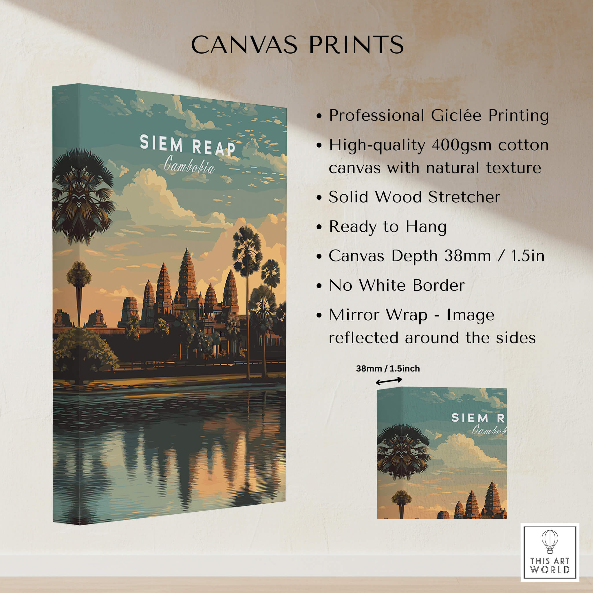 Siem Reap Poster Cambodia | Angkor Wat Temple Wall Art Print displayed on a high-quality canvas with natural texture.