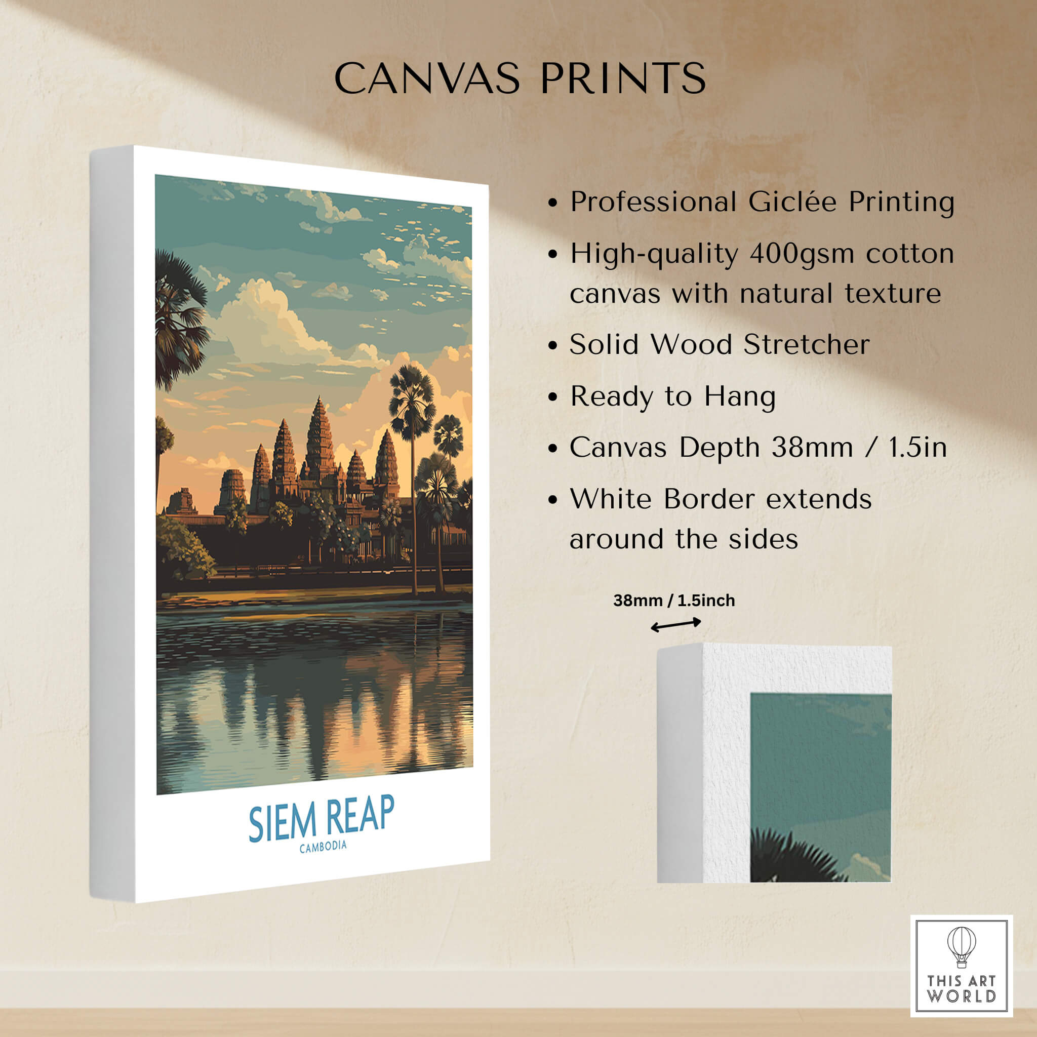 Siem Reap Canvas Print | Cambodia Khmer Poster showcasing professional Giclée printing and vibrant landscape.
