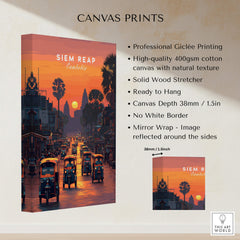 Siem Reap Wall Art Print | Cambodia Sunset Street Scene Travel Poster showcasing vibrant street life and sunset colors.