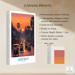 Siem Reap Poster | Bustling Tuk Tuk Cambodia Cityscape Canvas Print showcasing vibrant sunset and tuk tuks.