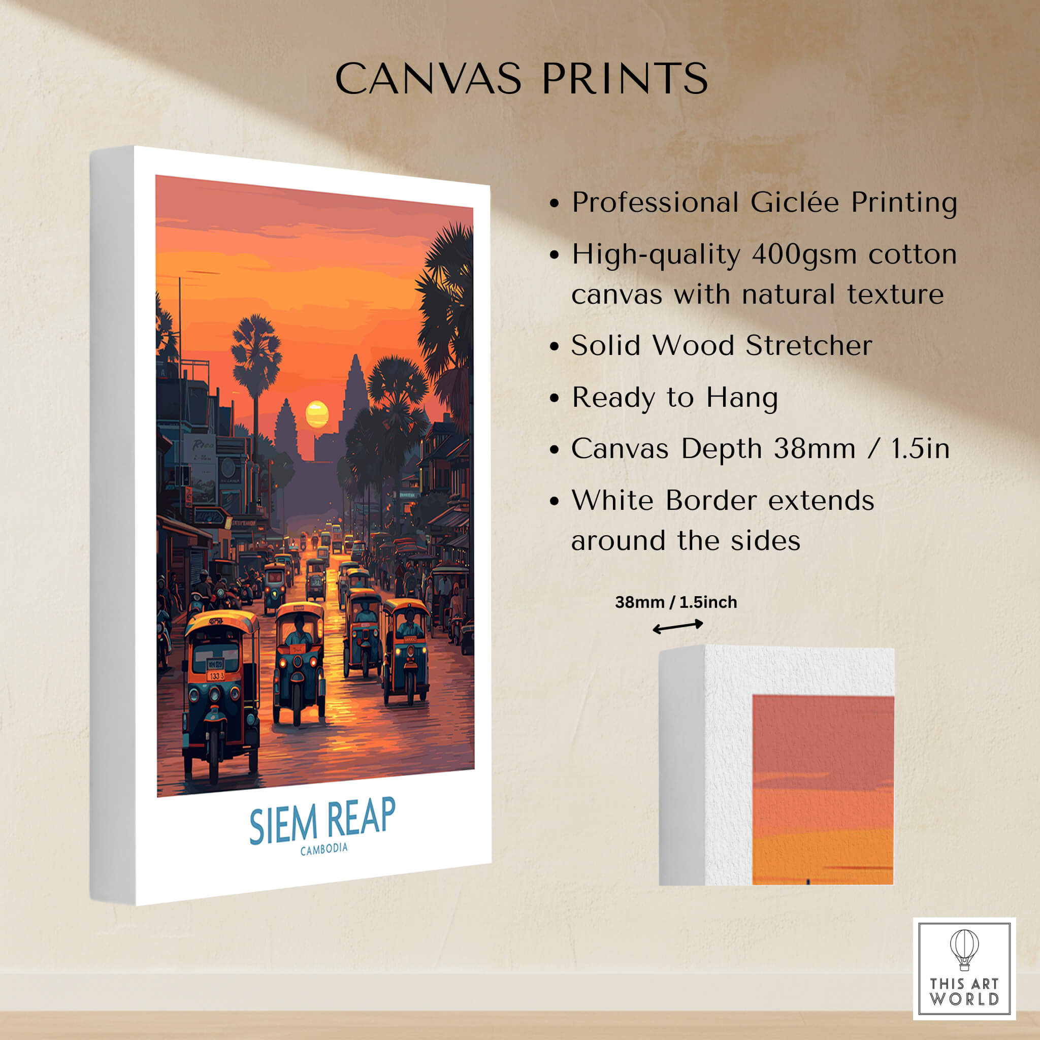 Siem Reap Poster | Bustling Tuk Tuk Cambodia Cityscape Canvas Print showcasing vibrant sunset and tuk tuks.