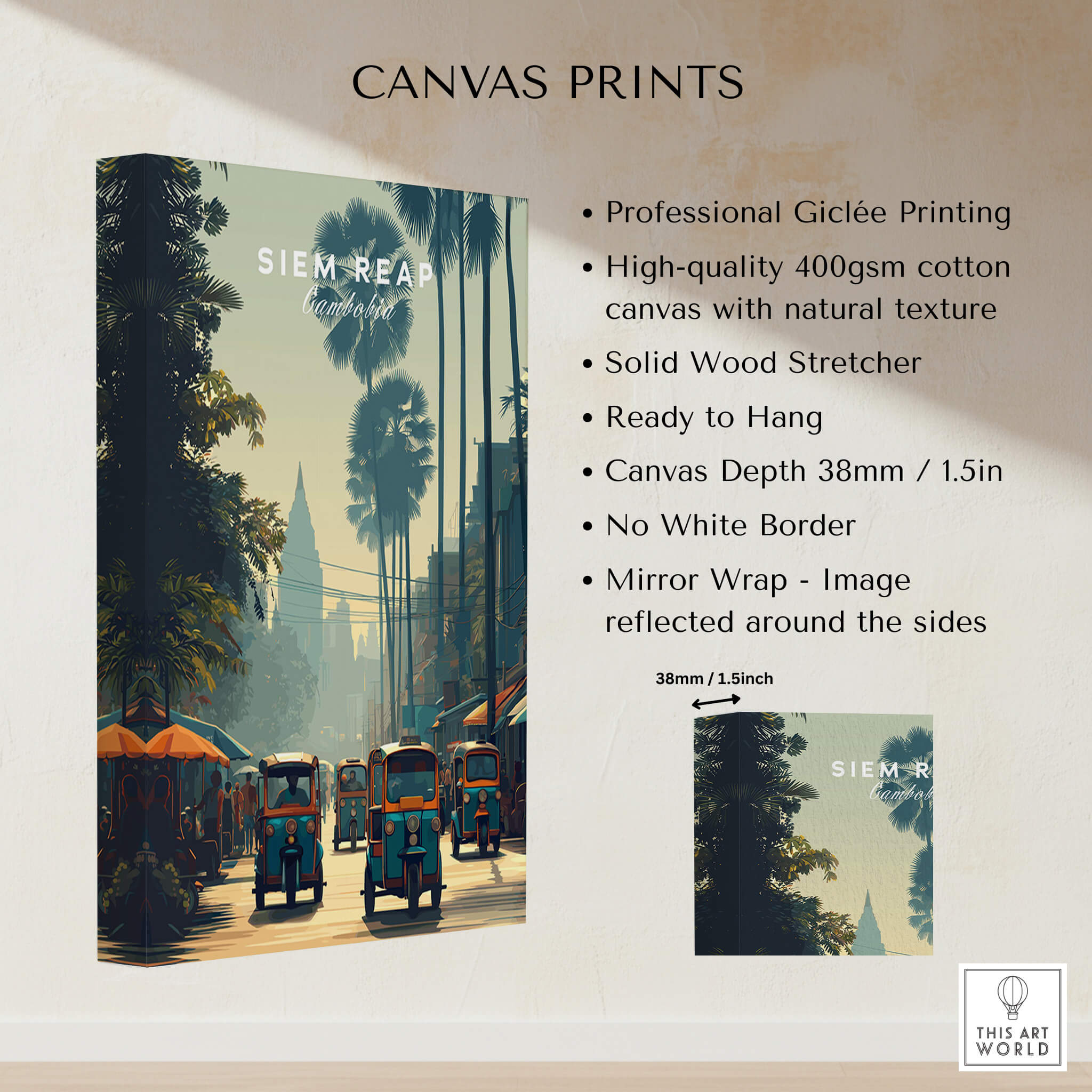Siem Reap Cambodia Travel Poster | Tropical Town Street Wall Art Print showcasing the vibrant streets of Siem Reap.