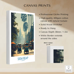Siem Reap Cambodia Print | Canvas Poster displaying vibrant street scenes with tuk tuks and palm trees.