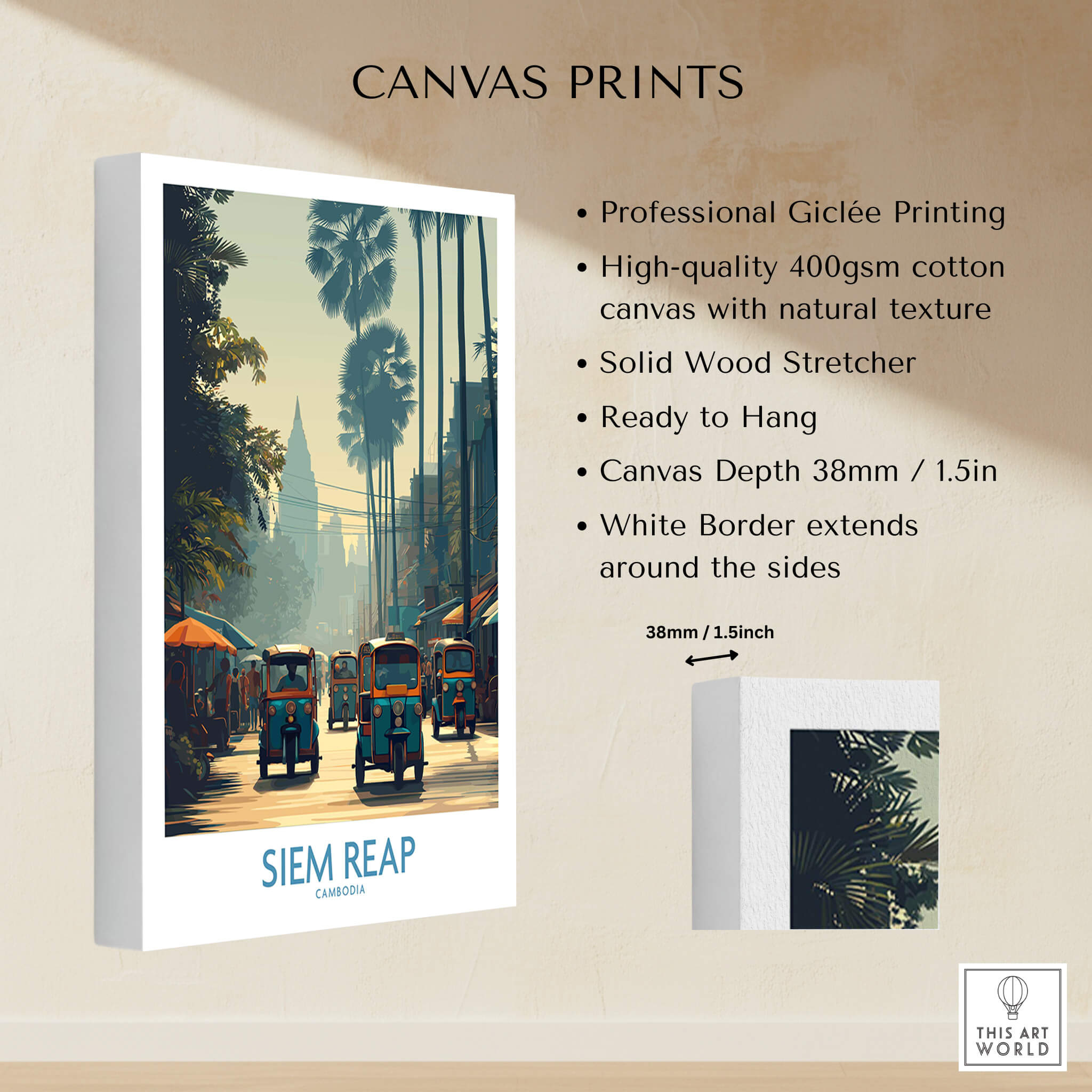 Siem Reap Cambodia Print | Canvas Poster displaying vibrant street scenes with tuk tuks and palm trees.