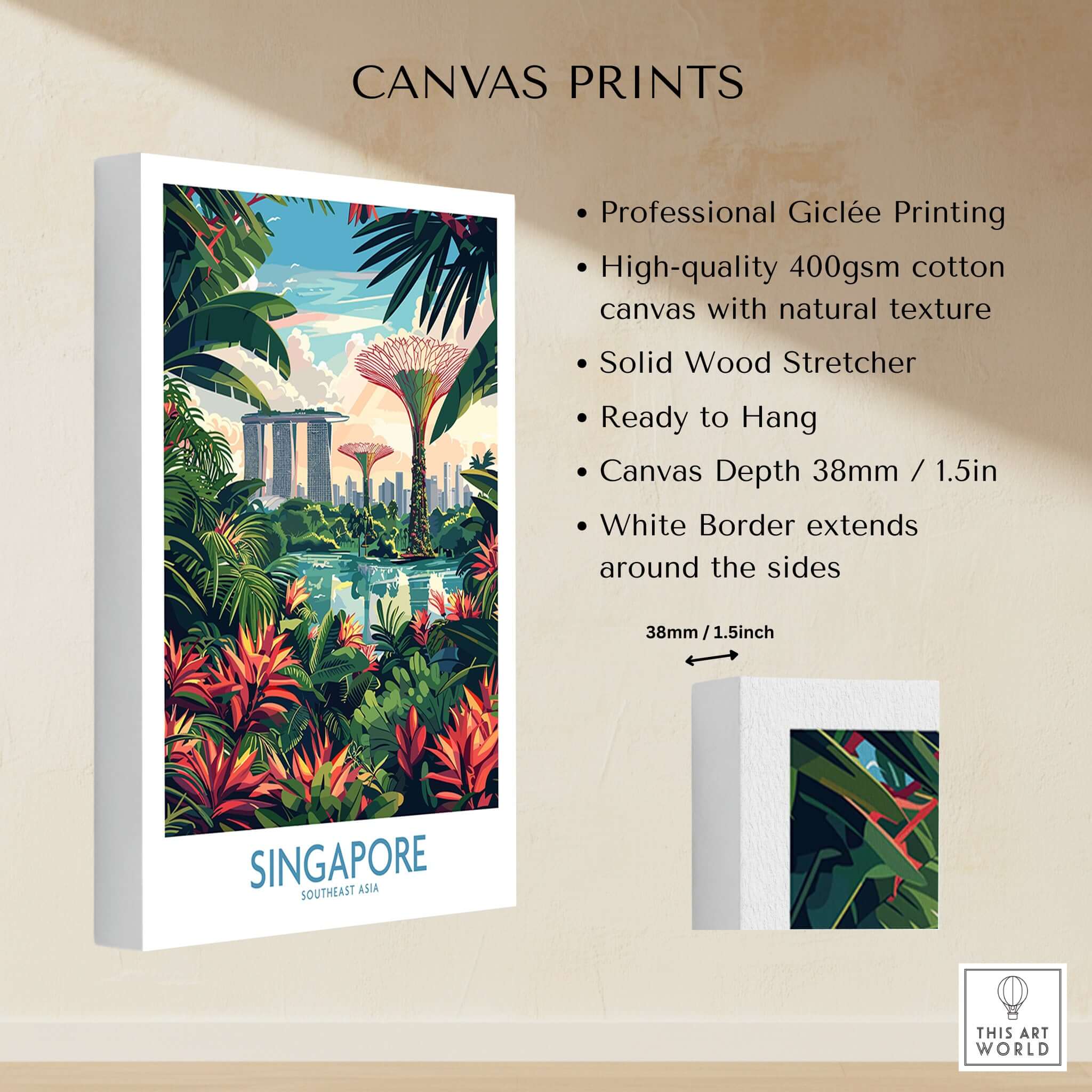 Singapore Gardens by the Bay Poster showcasing vibrant colors and iconic landmarks in a beautifully crafted canvas print.