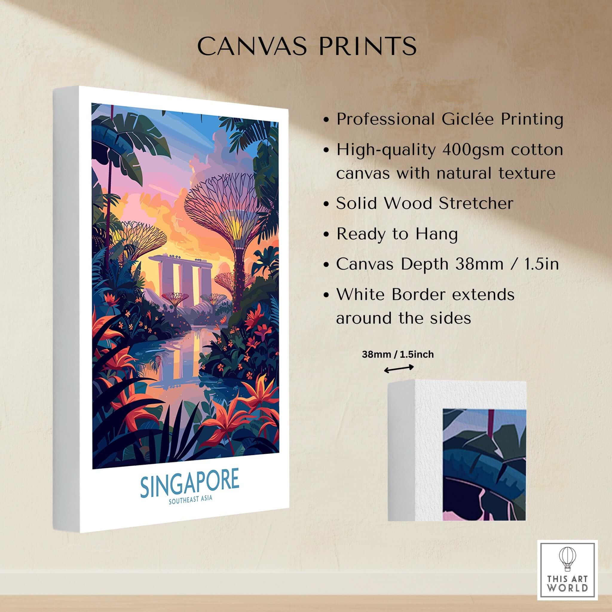 Singapore Wall Art showcasing vibrant Singaporean landmarks on a canvas print, ready to hang with a chic white border.