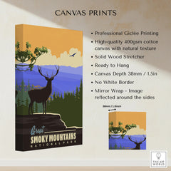 Great Smoky Mountains National Park canvas wall art with deer, pine trees, and sunset.