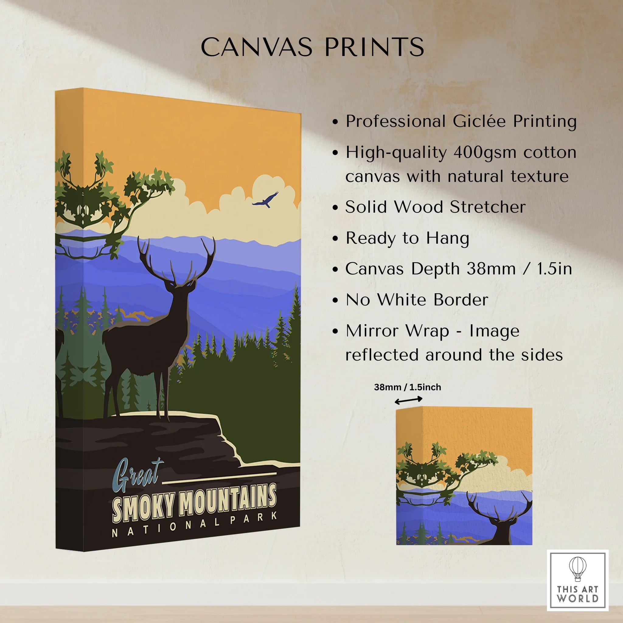 Great Smoky Mountains National Park canvas wall art with deer, pine trees, and sunset.