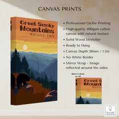 Great Smoky Mountains National Park canvas print with sunset, trees, and bear artwork