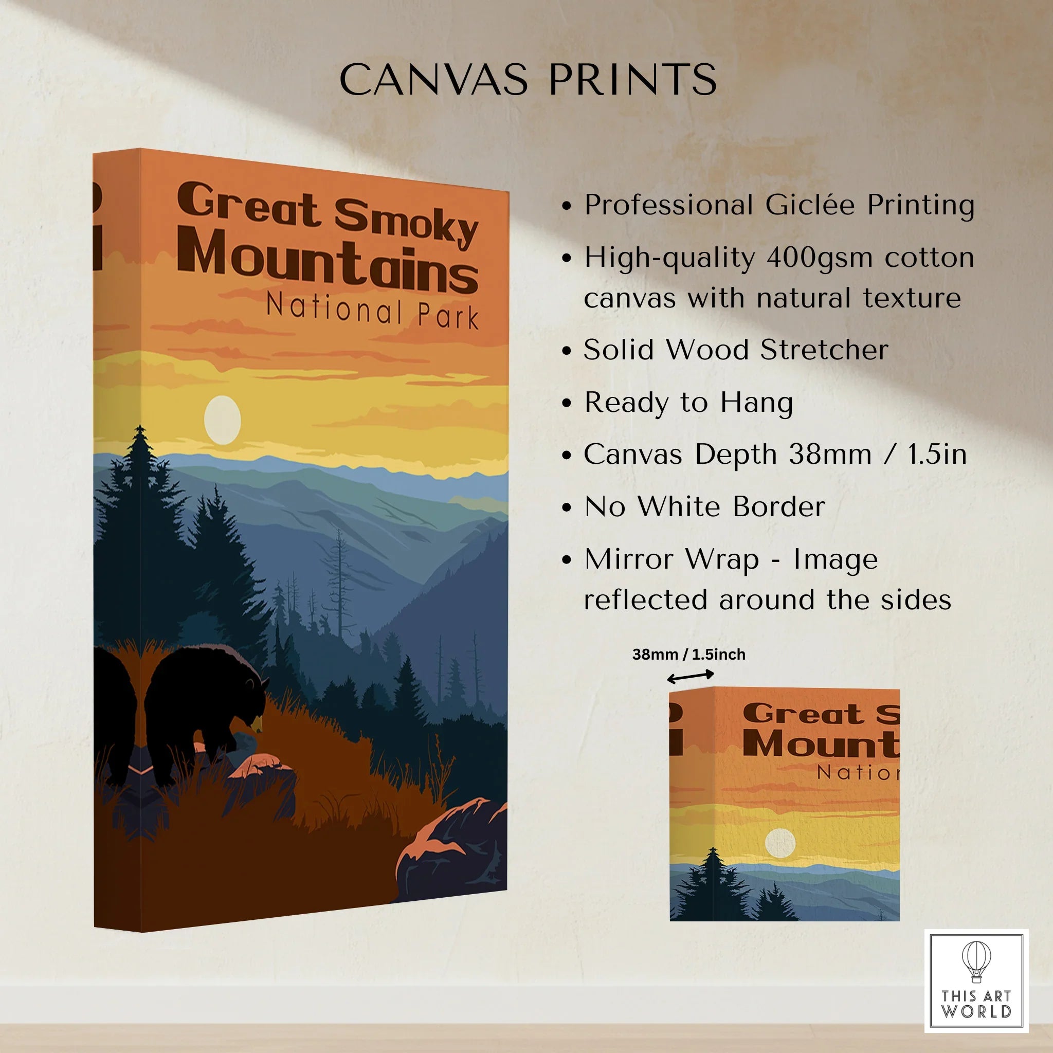 Great Smoky Mountains National Park canvas print with sunset, trees, and bear artwork