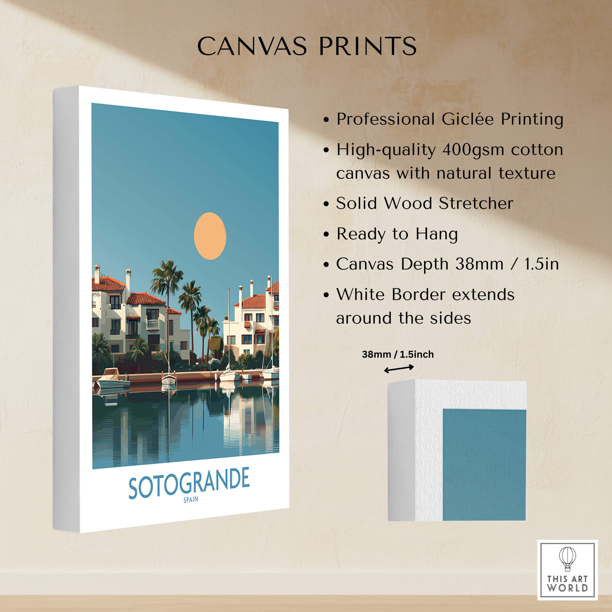 Sotogrande Spain Canvas Print | Mediterranean Waterfront Scenery Poster showcasing professional Giclée printing and solid wood stretcher.