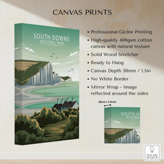 South Downs National Park canvas print with coastal cliffs and greenery, wall art details beside.