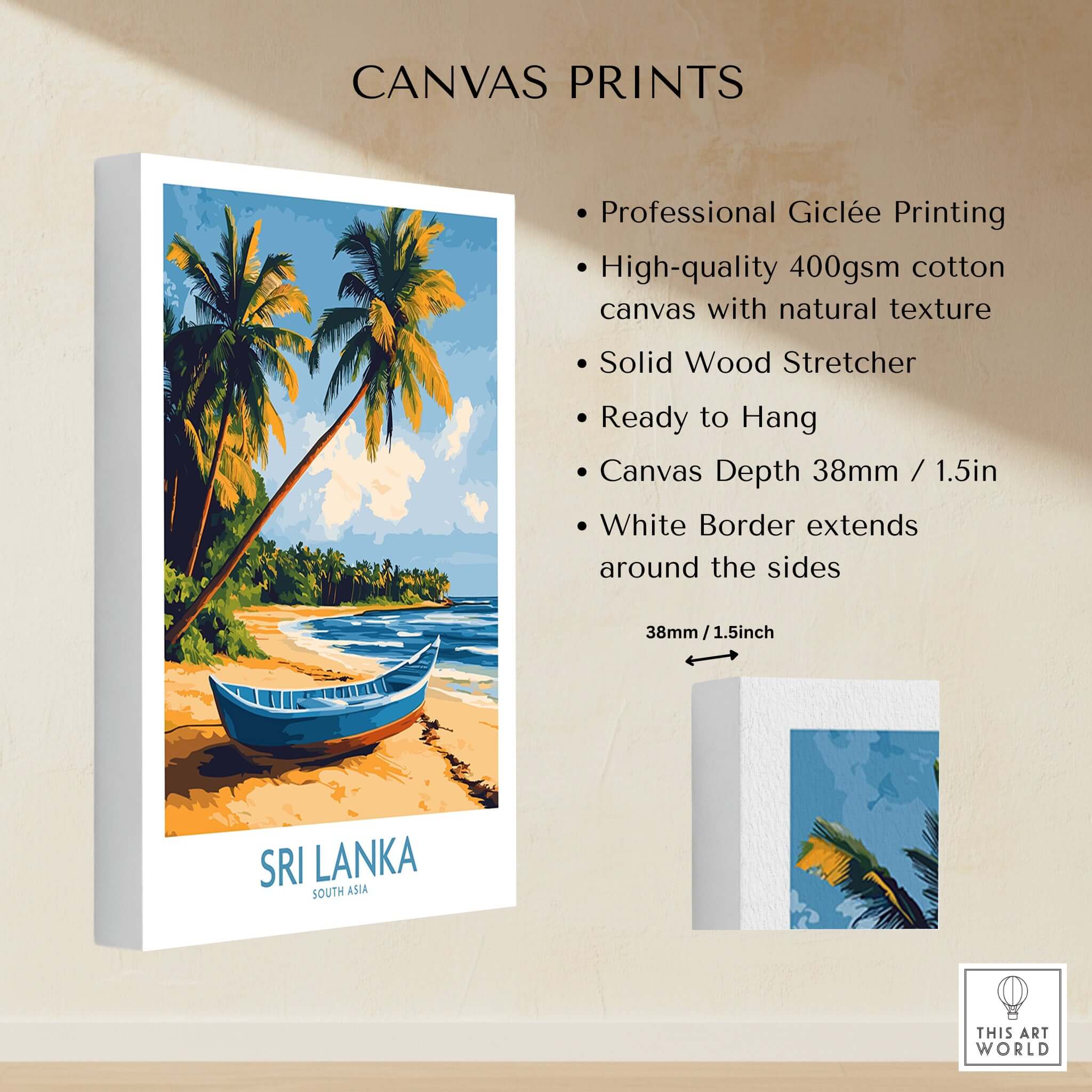 South Asia Travel Poster - Sri Lanka Coastal Print, Island Life Wall Art featuring a serene beach scene.