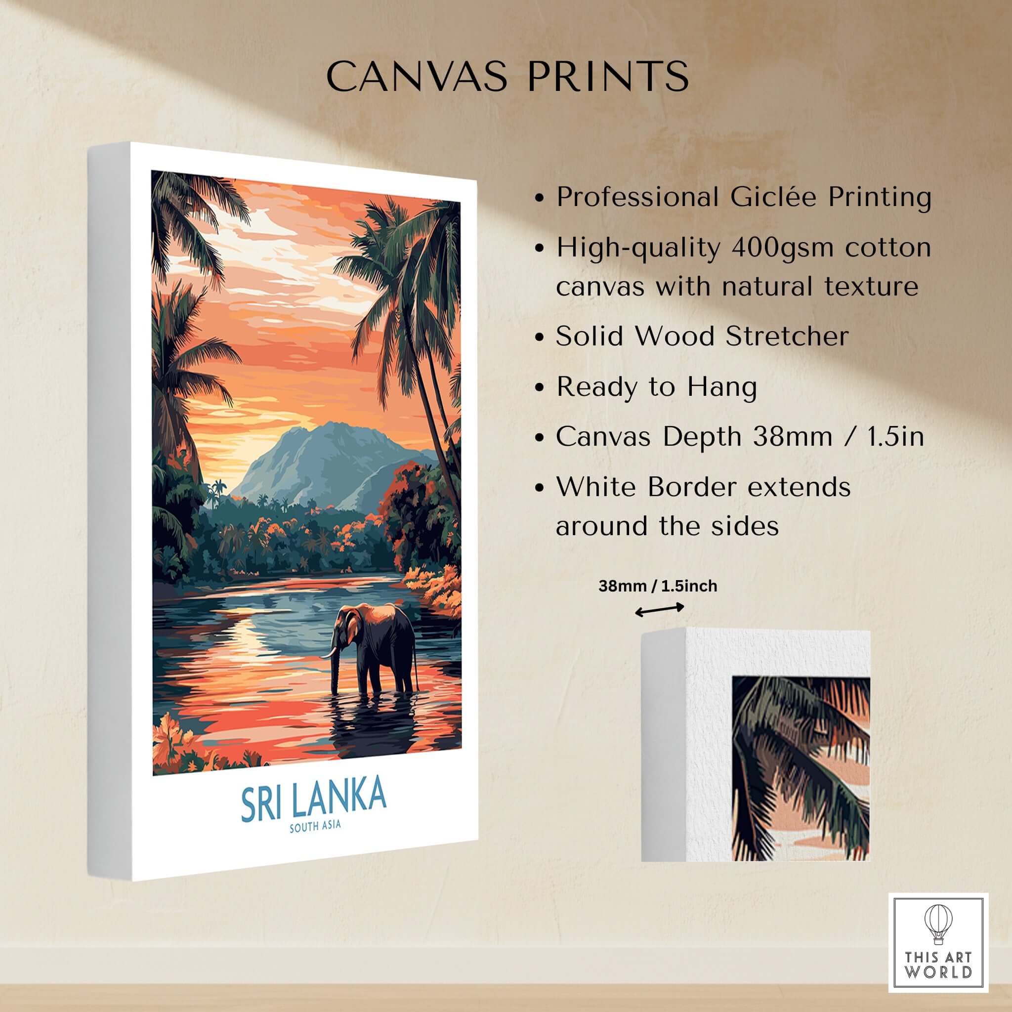 Sri Lanka Nature Art - Elephant in River Poster, Tropical Wildlife Print, professional Giclée printing on canvas.
