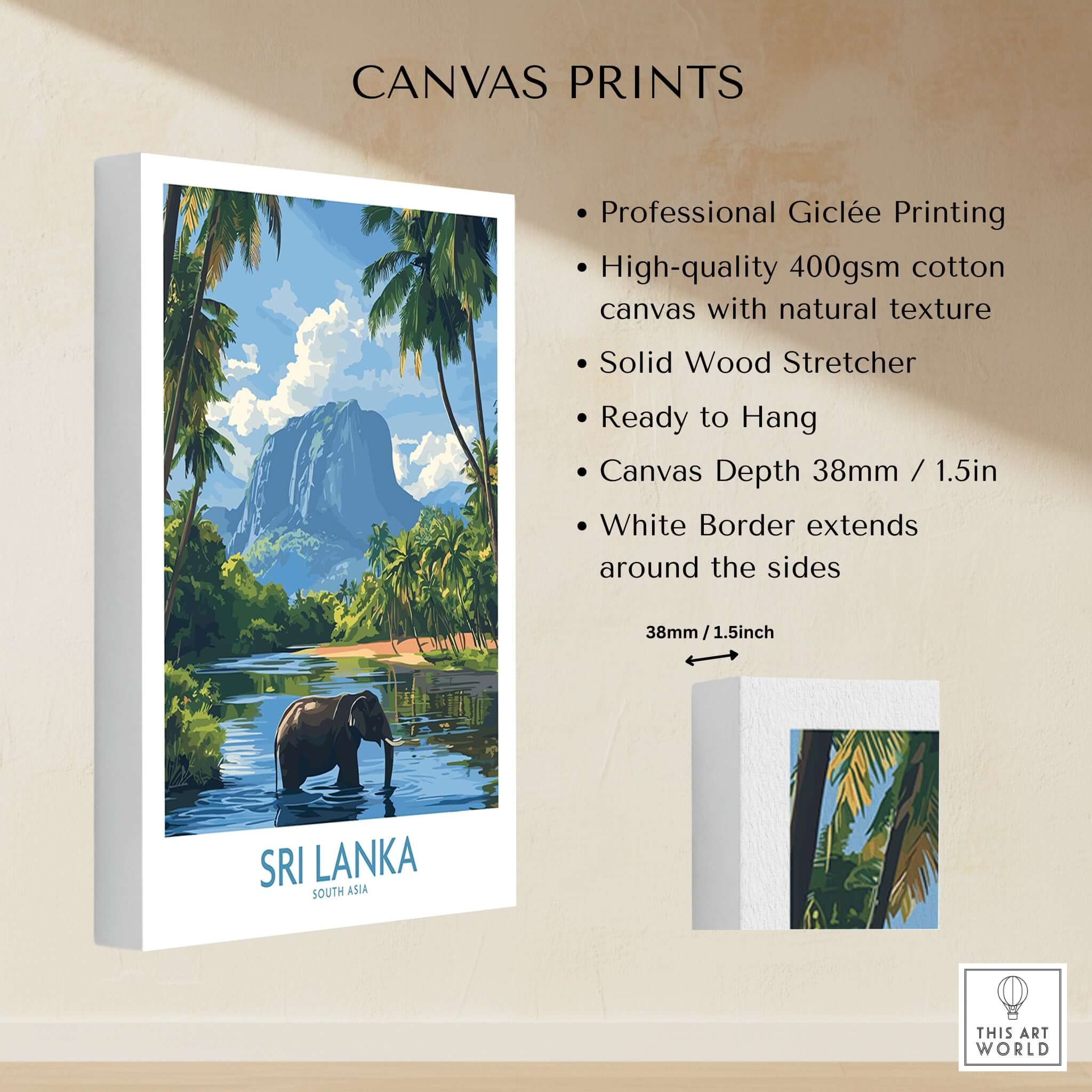 Sri Lanka Tropical Scene Wall Art - Elephant Print, Island Paradise Decor featuring vibrant jungle and elephant.