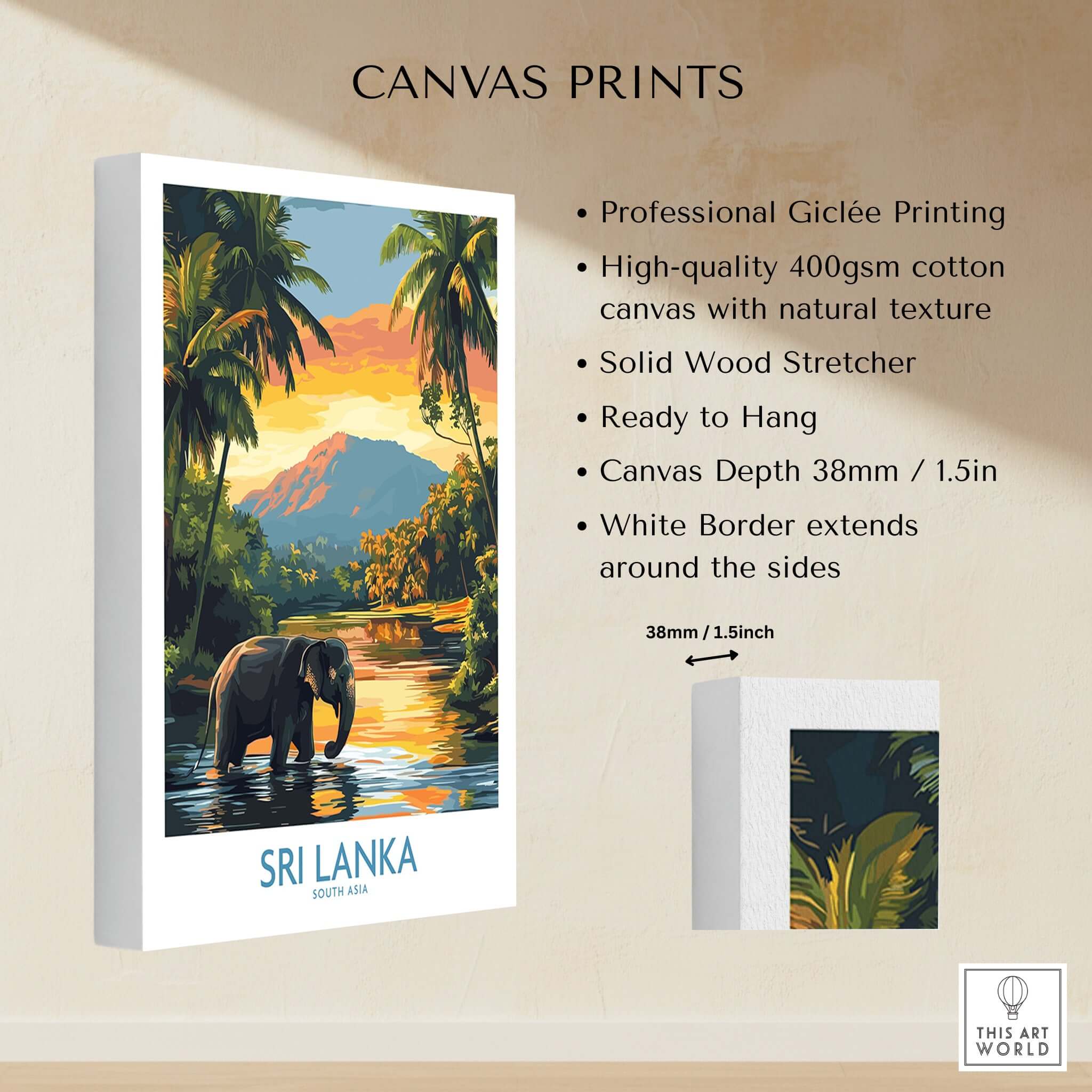 Sri Lanka Travel Art Print - Elephant Swimming Wall Art, Tropical Adventure Scene showcasing vibrant tropical scenery.
