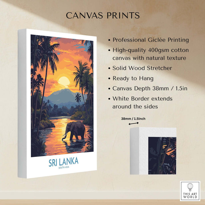 Sri Lanka Poster with Elephant in tropical setting at Sunset - Travel Print showcasing professional Giclée canvas quality.