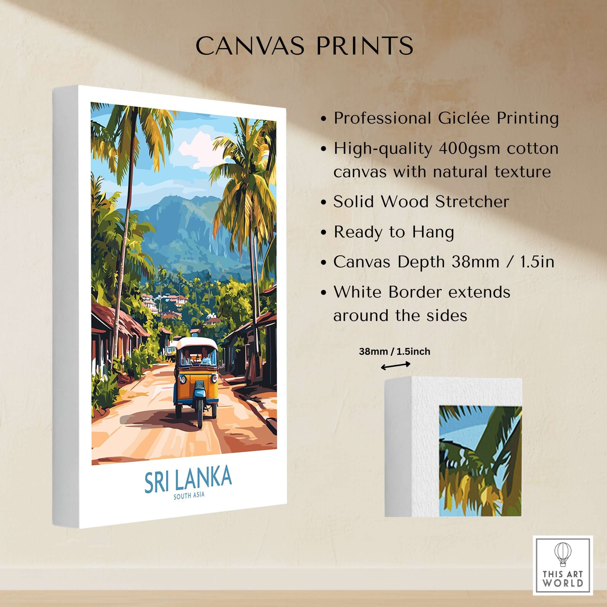Sri Lanka Wall Art featuring a Tuk-Tuk on canvas, showcasing vibrant culture and ready to hang decor.