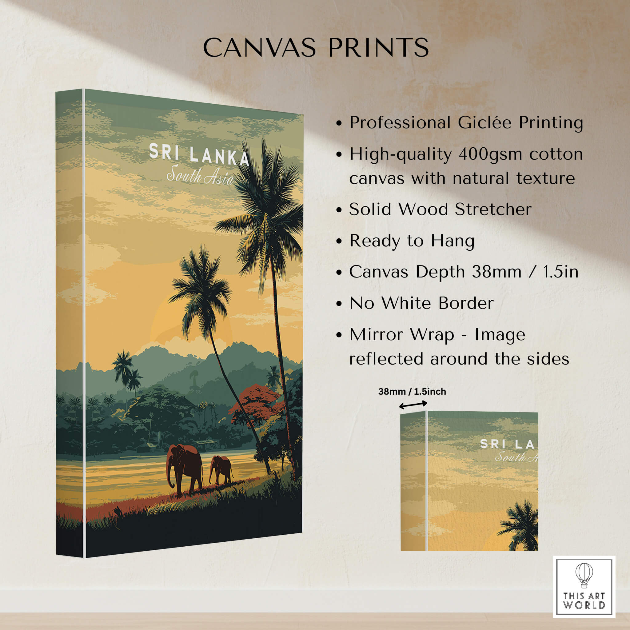 Sri Lanka Wall Art Print | Sunset Elephant Landscape Travel Poster canvas print showcasing elephants in a sunset landscape.