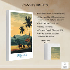 Sri Lanka Poster | Tropical Palm Tree & Elephant Canvas Print showcasing vibrant elephants and palm trees in a stunning artwork.