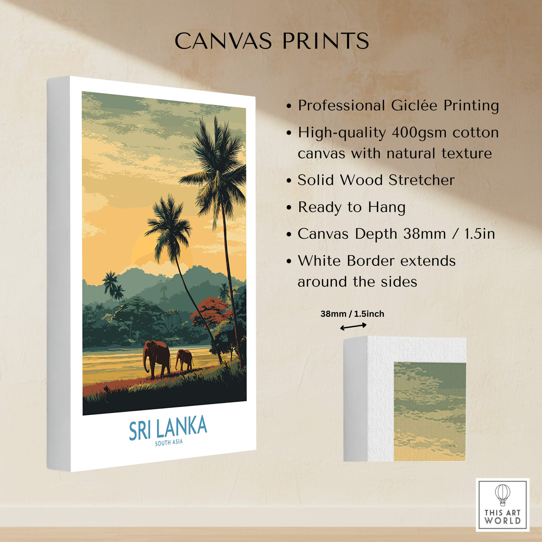 Sri Lanka Poster | Tropical Palm Tree & Elephant Canvas Print showcasing vibrant elephants and palm trees in a stunning artwork.