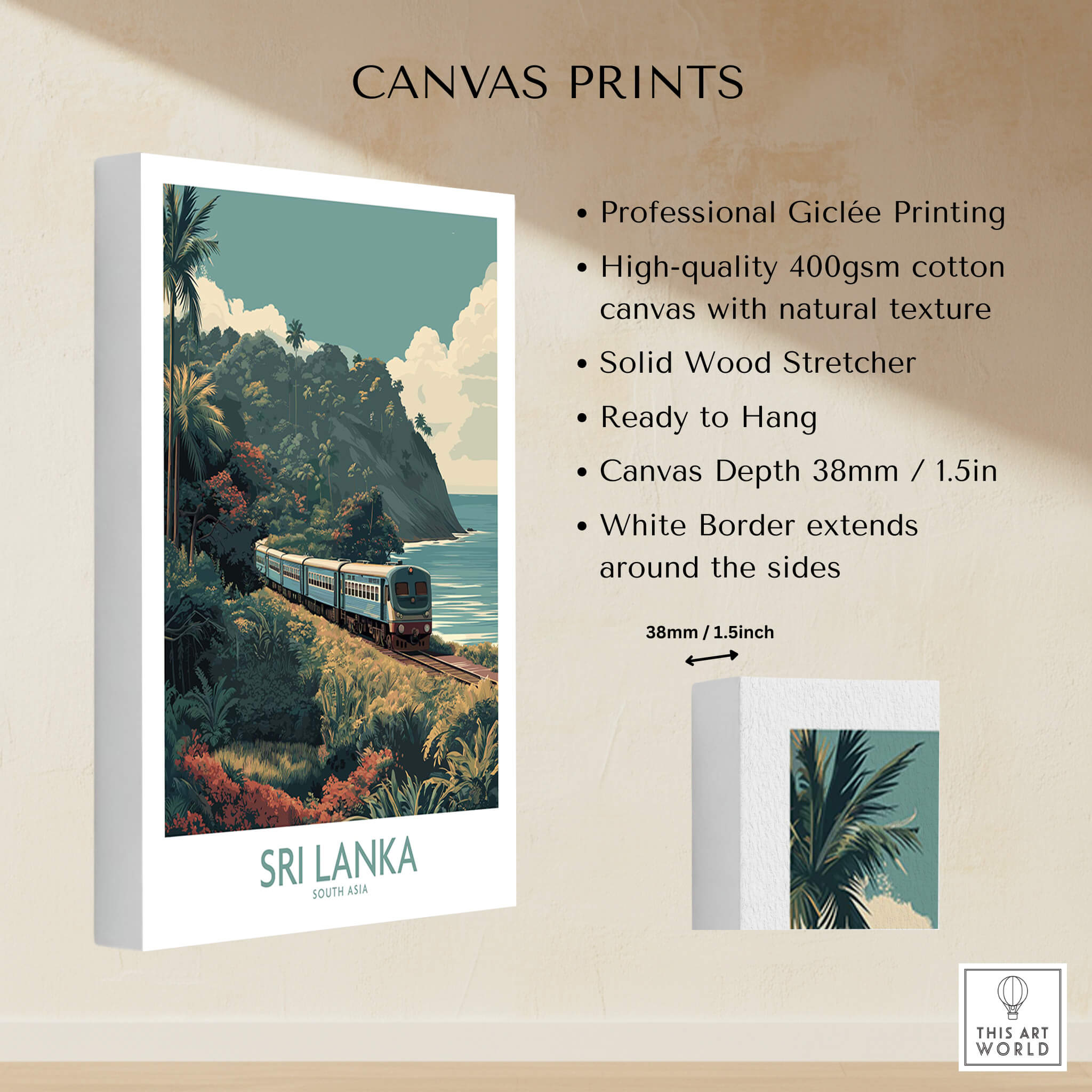 Sri Lanka Poster | Tropical Railway Canvas Print featuring a scenic train journey through lush landscapes.