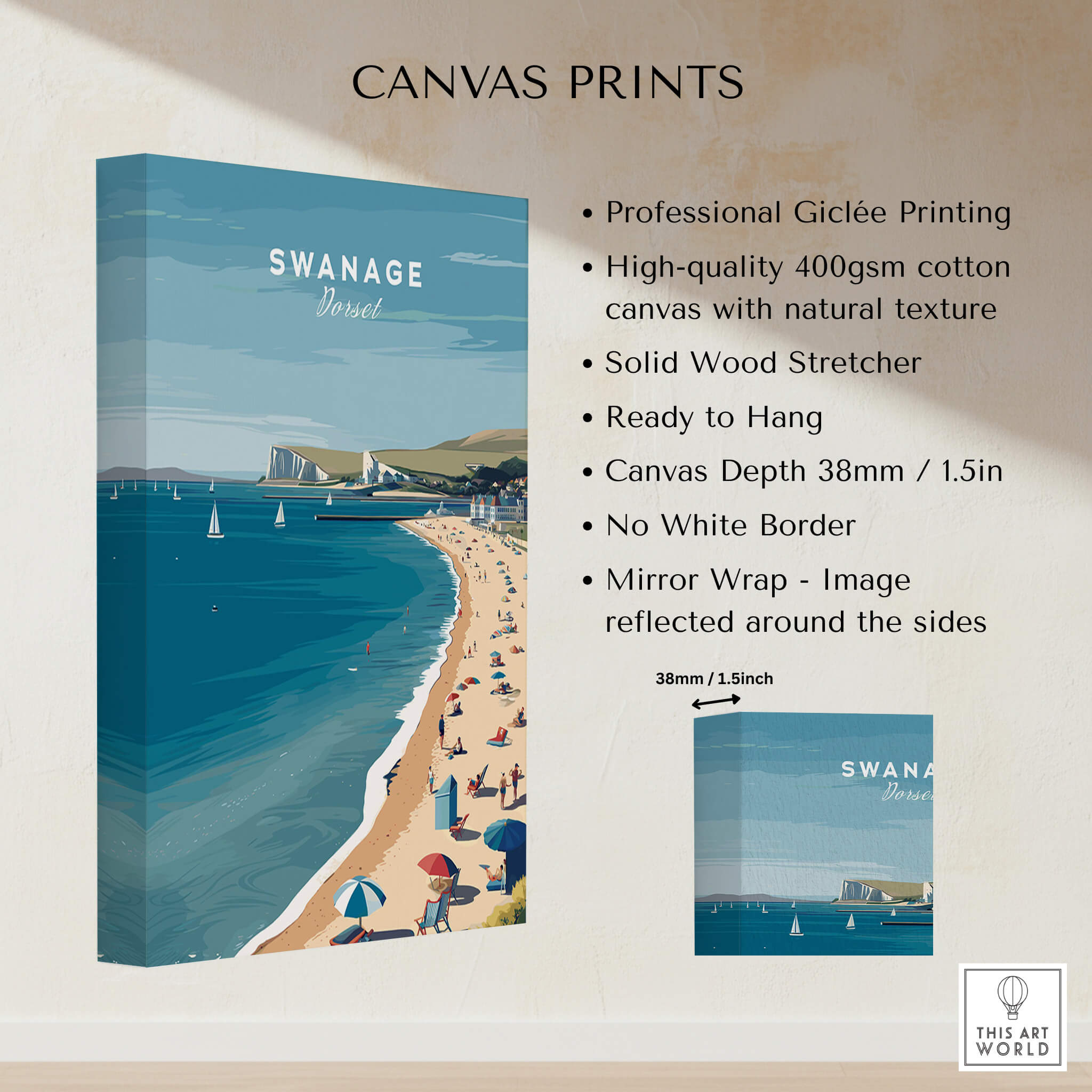 Swanage Dorset Wall Art Print | British Seaside Beach Travel Poster on canvas with professional Giclée printing.
