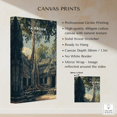 Ta Prohm Cambodia Travel Poster | Ancient Temple Jungle Ruins Wall Art Print showcased as a high-quality canvas print.