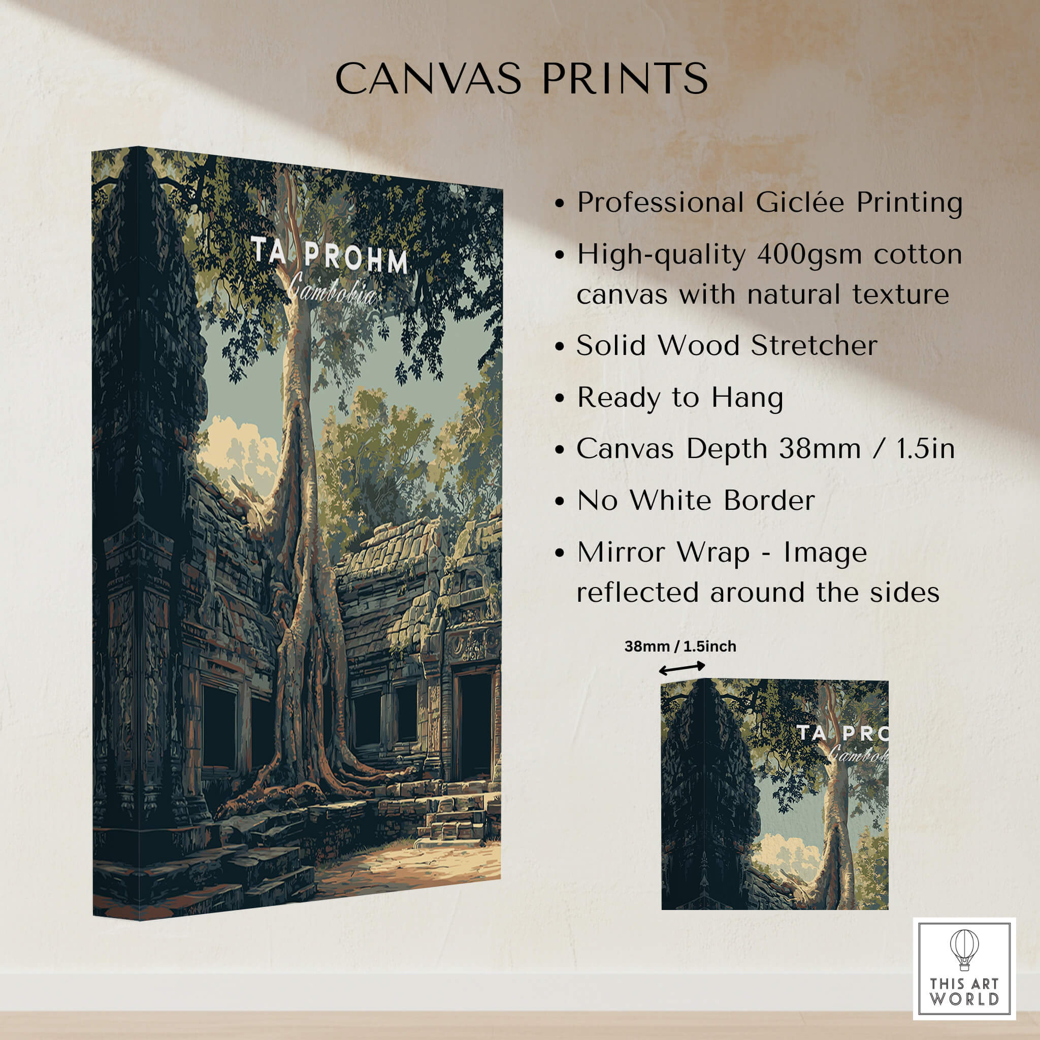 Ta Prohm Cambodia Travel Poster | Ancient Temple Jungle Ruins Wall Art Print showcased as a high-quality canvas print.