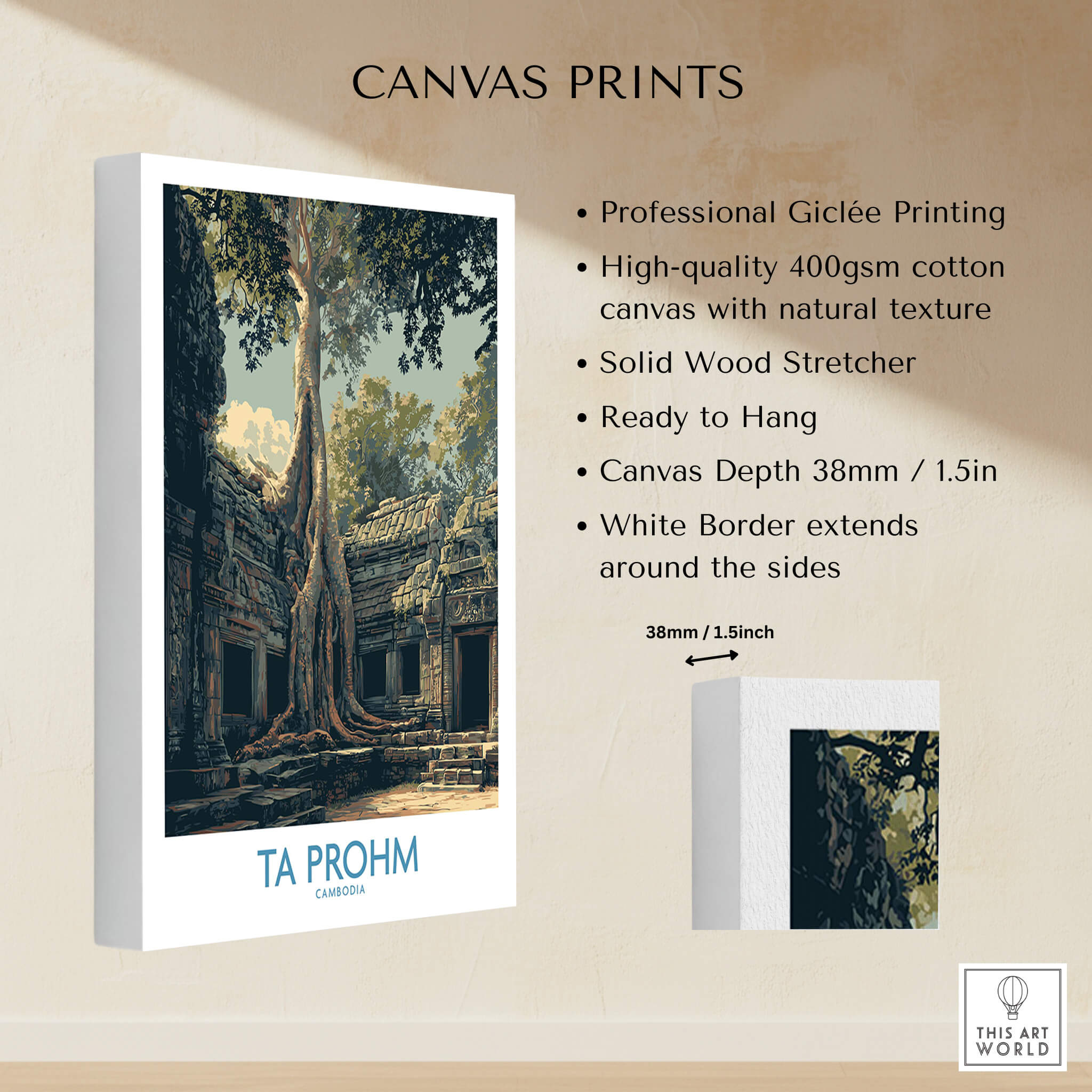 Ta Prohm Cambodia Canvas Print | Iconic Tree Root Ruins Poster showcasing professional Giclée printing and natural texture.