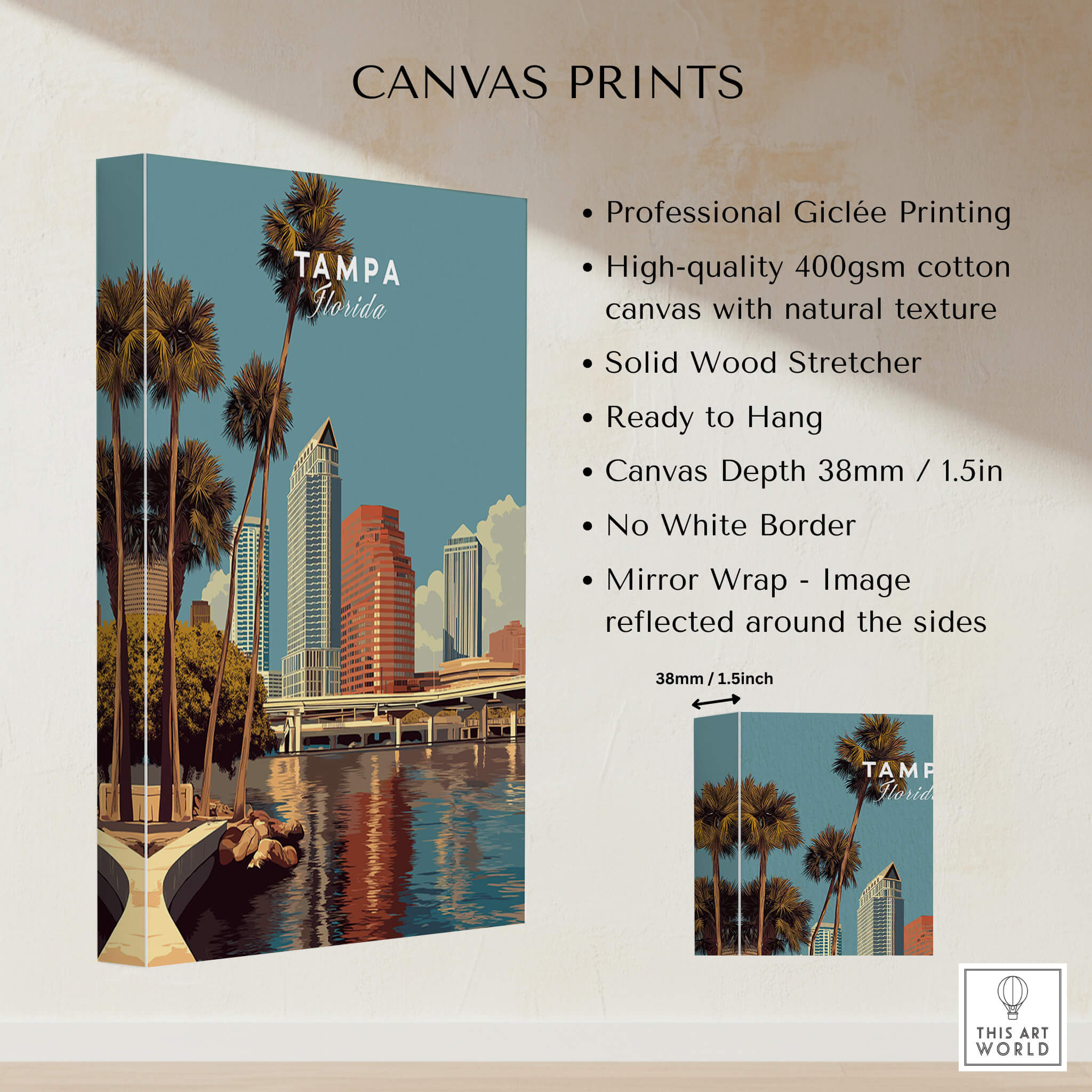 Tampa Florida Wall Art Print | Downtown City Skyline Travel Poster displayed on a canvas with palm trees and skyline design.