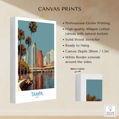 Tampa Florida Poster | Waterfront Sunset Cityscape Canvas Print featuring Giclée quality and solid wood stretcher.
