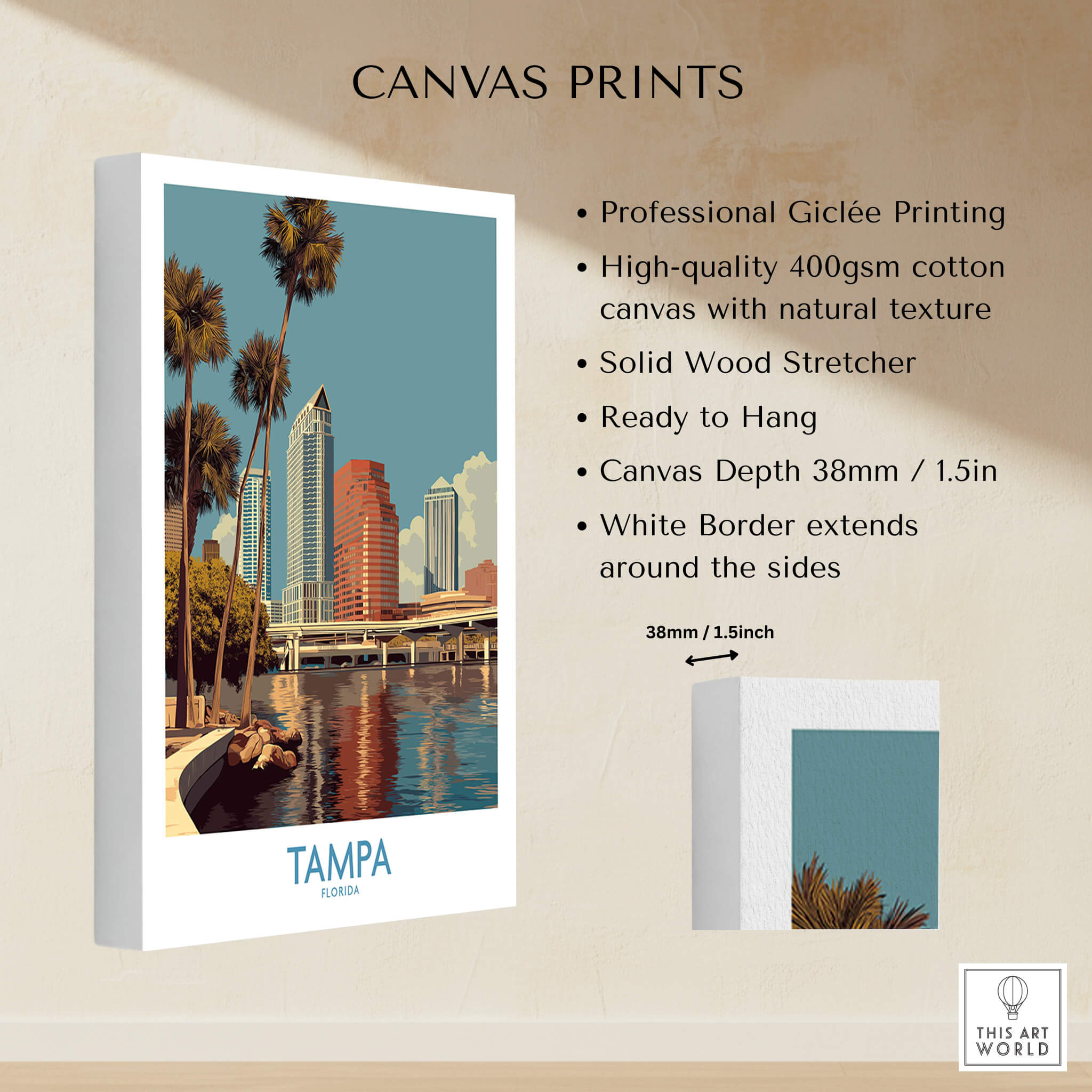 Tampa Florida Poster | Waterfront Sunset Cityscape Canvas Print featuring Giclée quality and solid wood stretcher.