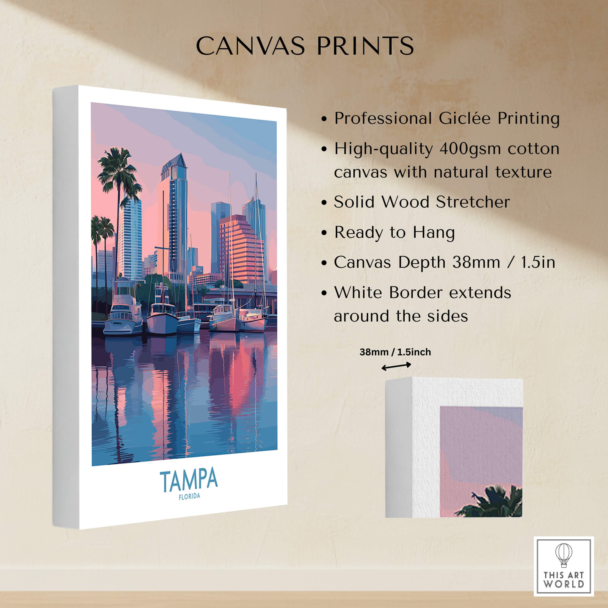 Tampa Florida Canvas Print | Sunset Bay & Sailboat Landscape Poster showcasing professional Giclée printing and artistic details.