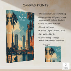 Tampa Florida Wall Art Print | Palm Trees & Modern Skyline Travel Poster details, showcasing Giclée quality and design.