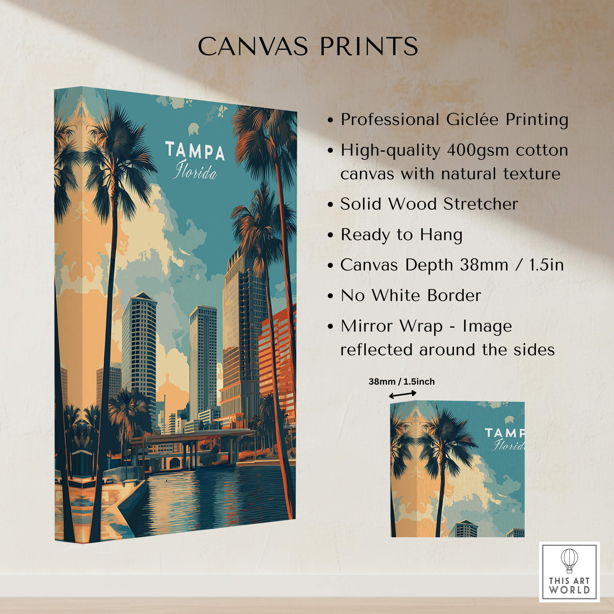 Tampa Florida Wall Art Print | Palm Trees & Modern Skyline Travel Poster details, showcasing Giclée quality and design.