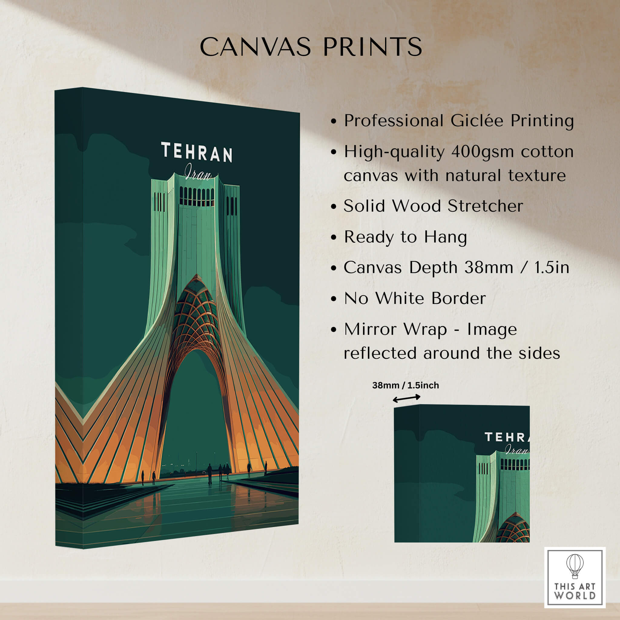 Tehran Iran Travel Poster | Azadi Tower Landmark Wall Art Print featuring professional Giclée quality on canvas.