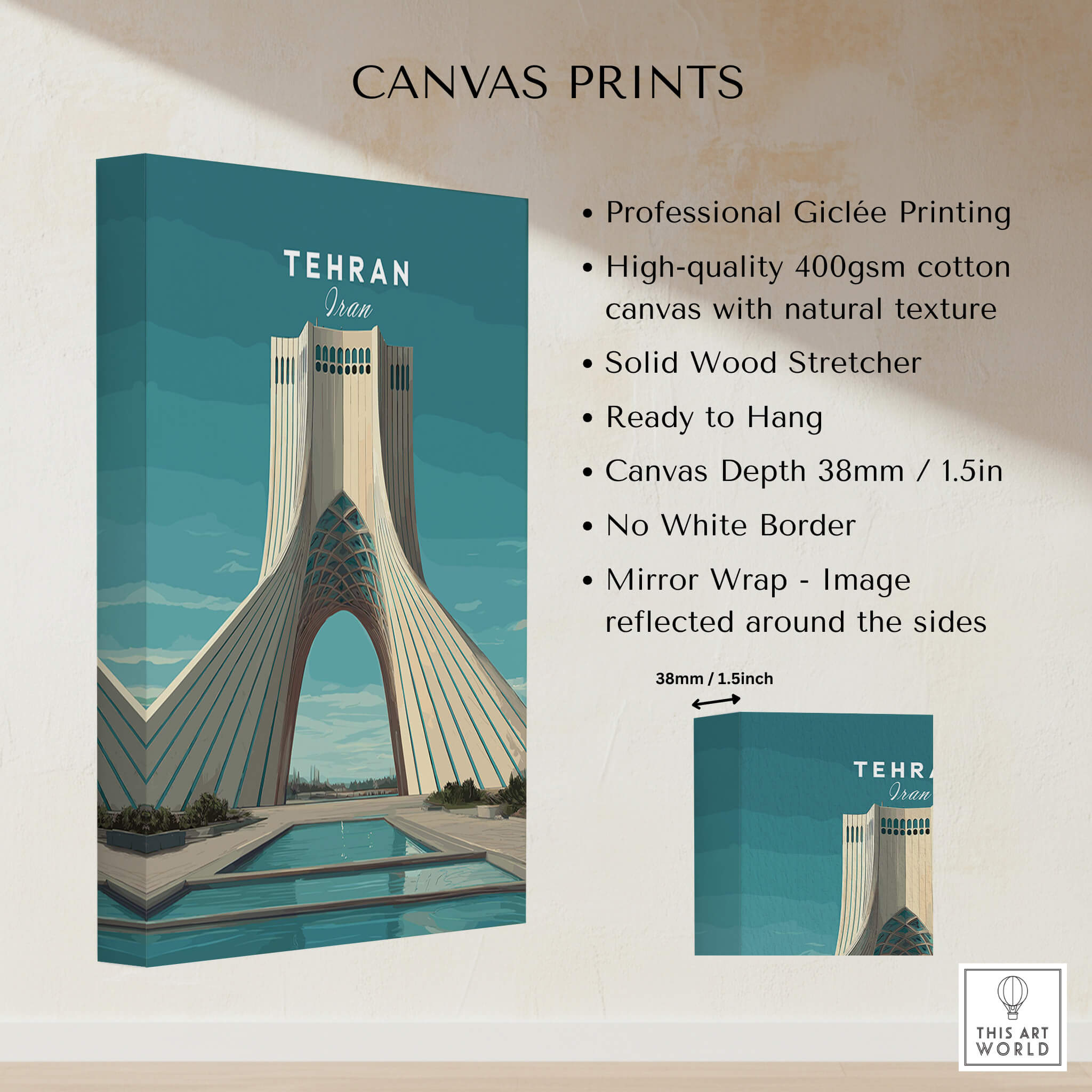 Tehran Wall Art Print | Iran Travel Poster showcasing Azadi Tower in high-quality canvas print.