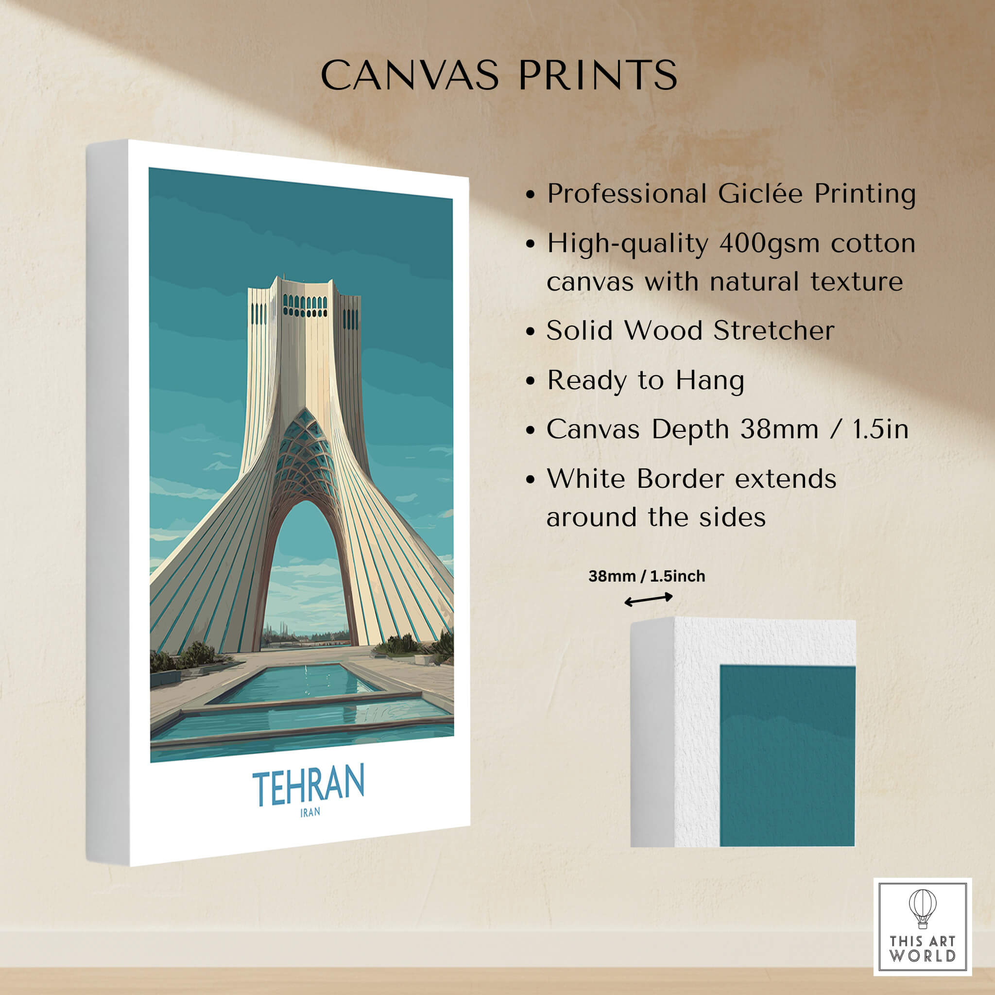 Tehran Poster Iran | Azadi Tower Sunset Architecture Canvas Print showcasing professional Giclée printing and solid wood structure.
