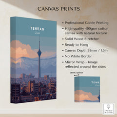 Tehran Iran Travel Poster | Alborz Mountains Skyline Wall Art Print showcasing professional giclée printing on canvas.