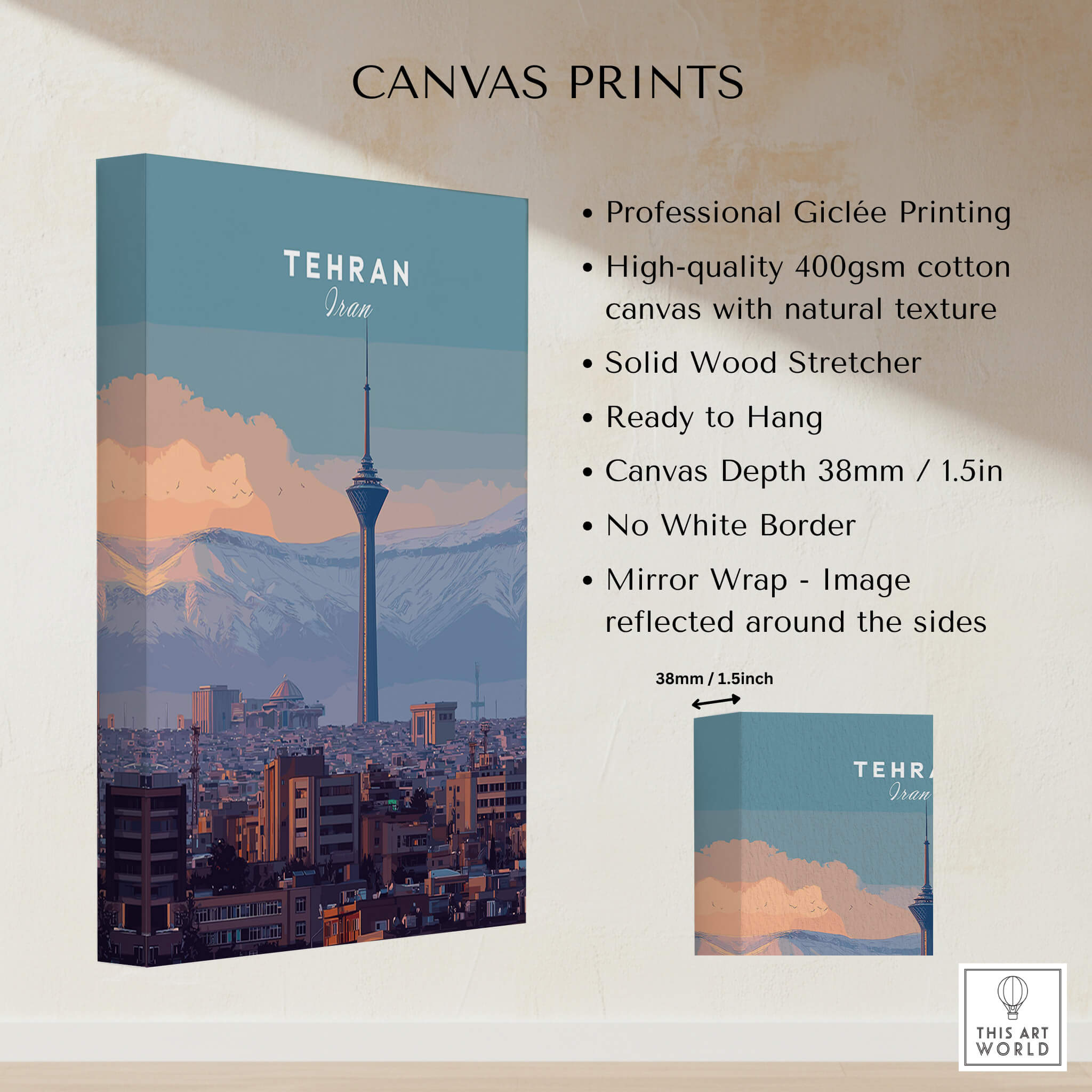 Tehran Iran Travel Poster | Alborz Mountains Skyline Wall Art Print showcasing professional giclée printing on canvas.