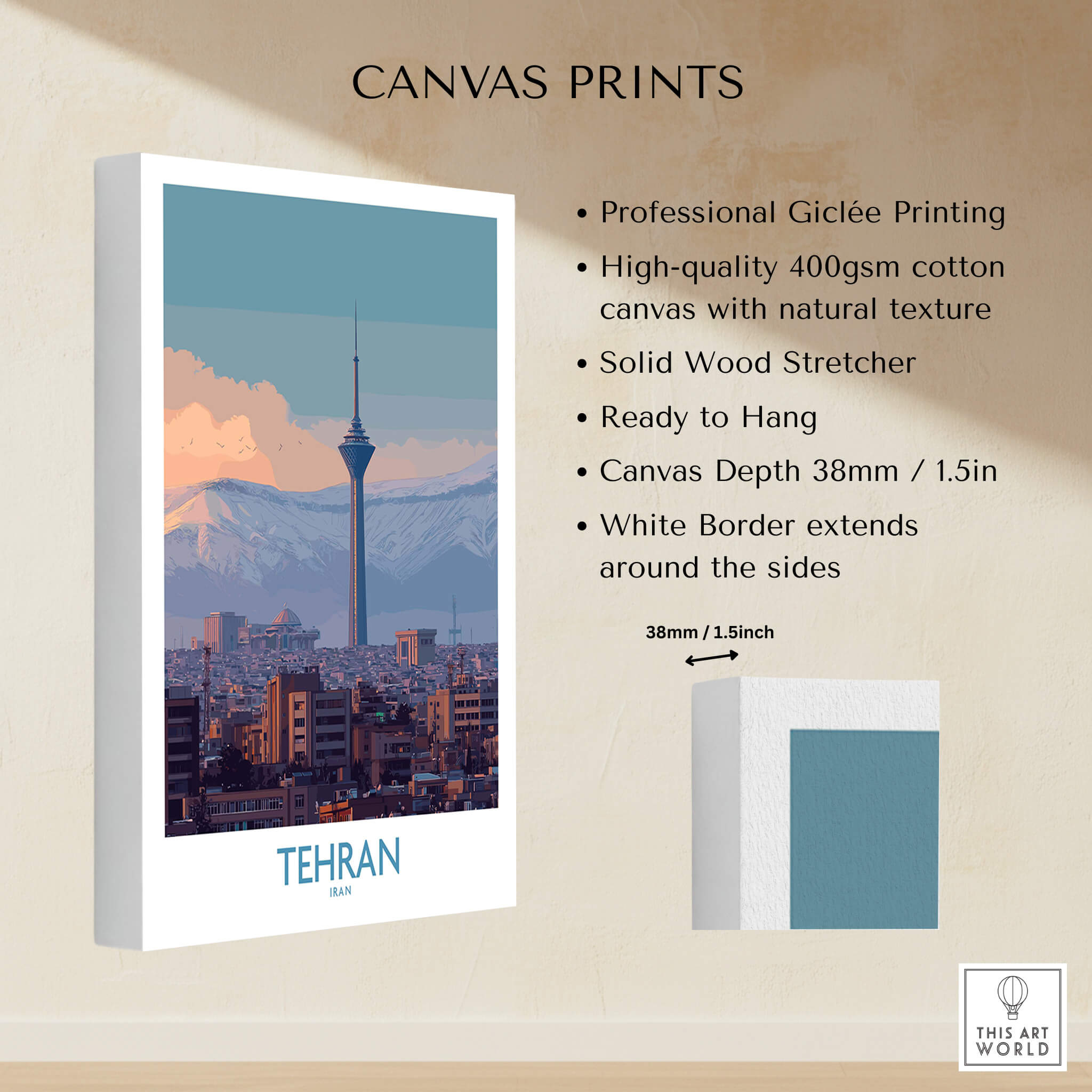 Tehran Iran Canvas Print | Evening City Landscape Poster showcasing high-quality production details and design.