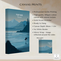 Tofino Canada Travel Poster | Pacific Coast Surfer Wall Art Print showcasing professional giclée printing and solid wood stretcher.