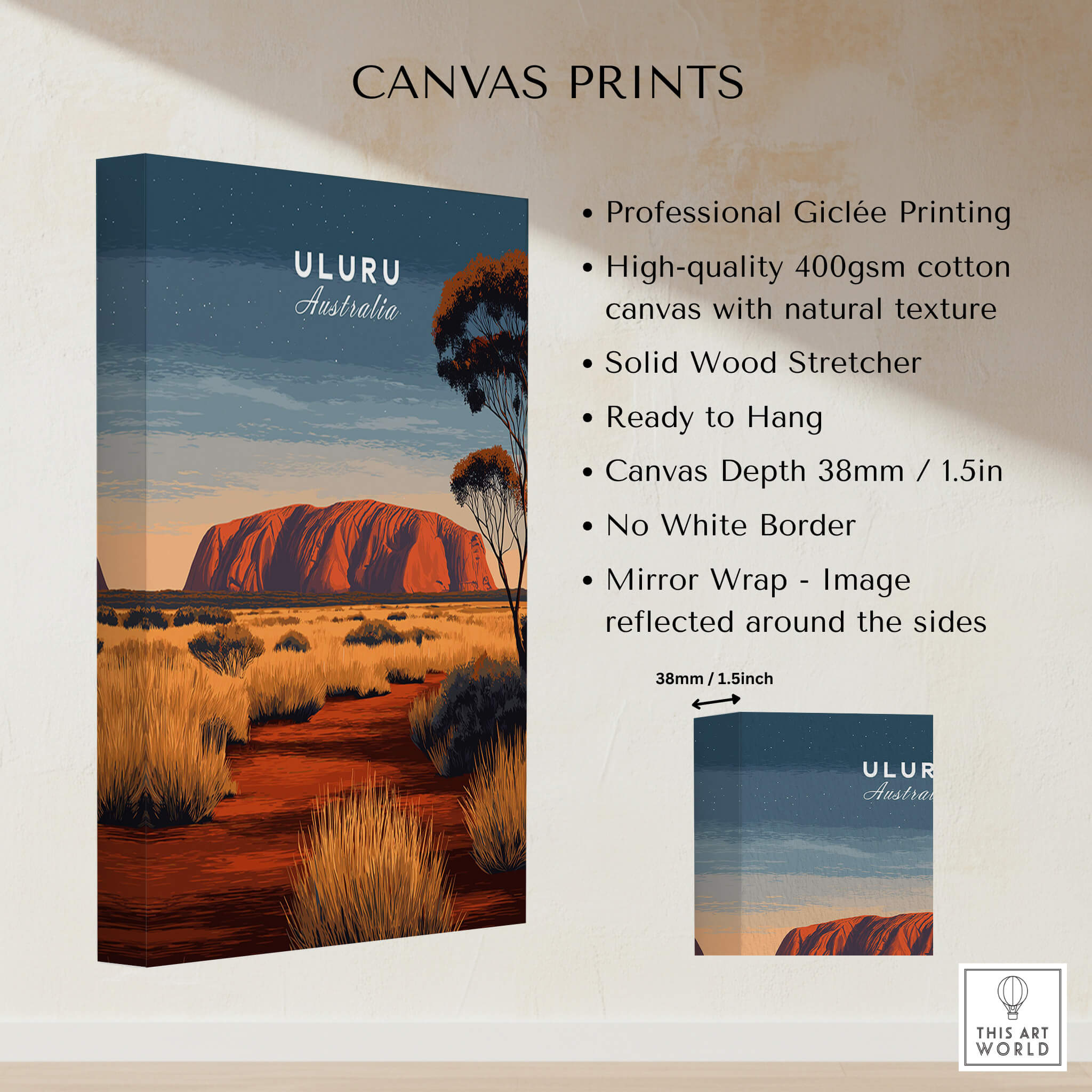 Uluru Australia Wall Art Print | Red Center Outback Travel Poster featuring giclée printing details.