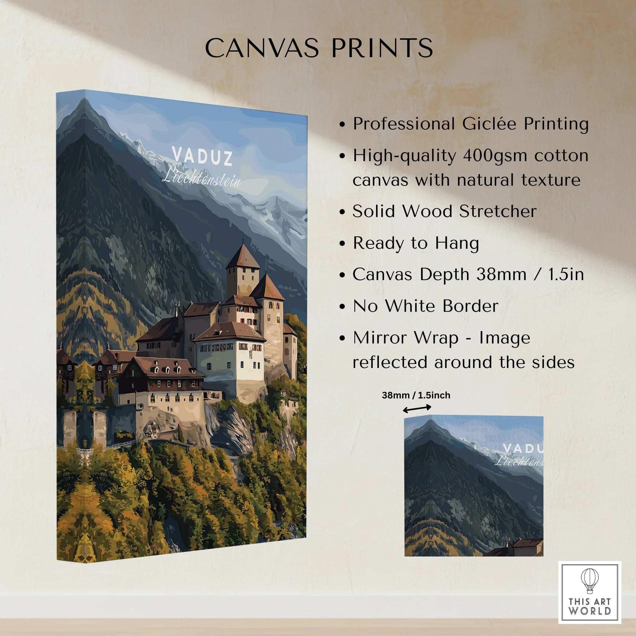 Vaduz Liechtenstein castle canvas wall art print with alpine landscape detail
