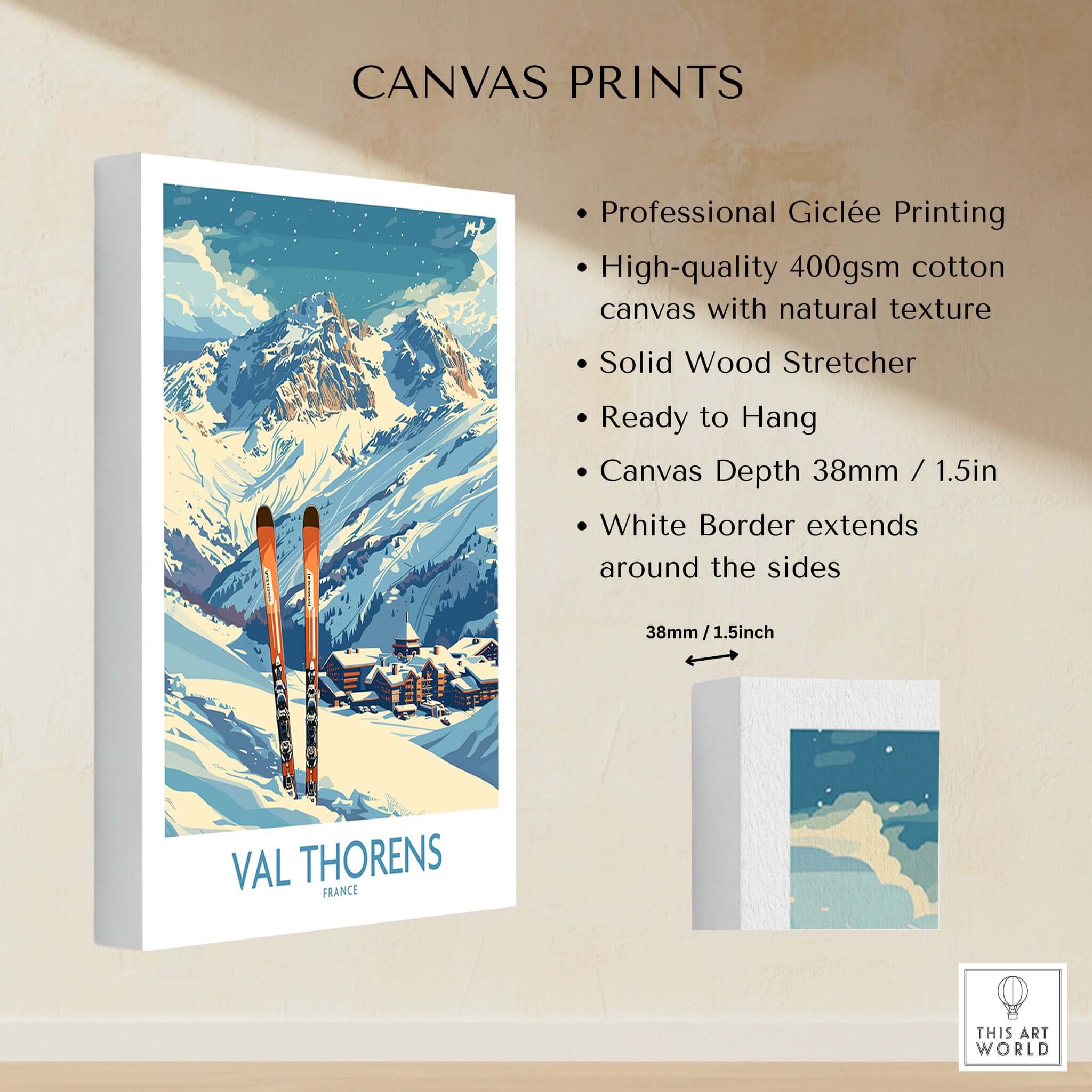 Val Thorens Print showcasing picturesque skiing scene with skis, perfect for home decor and ski enthusiasts.