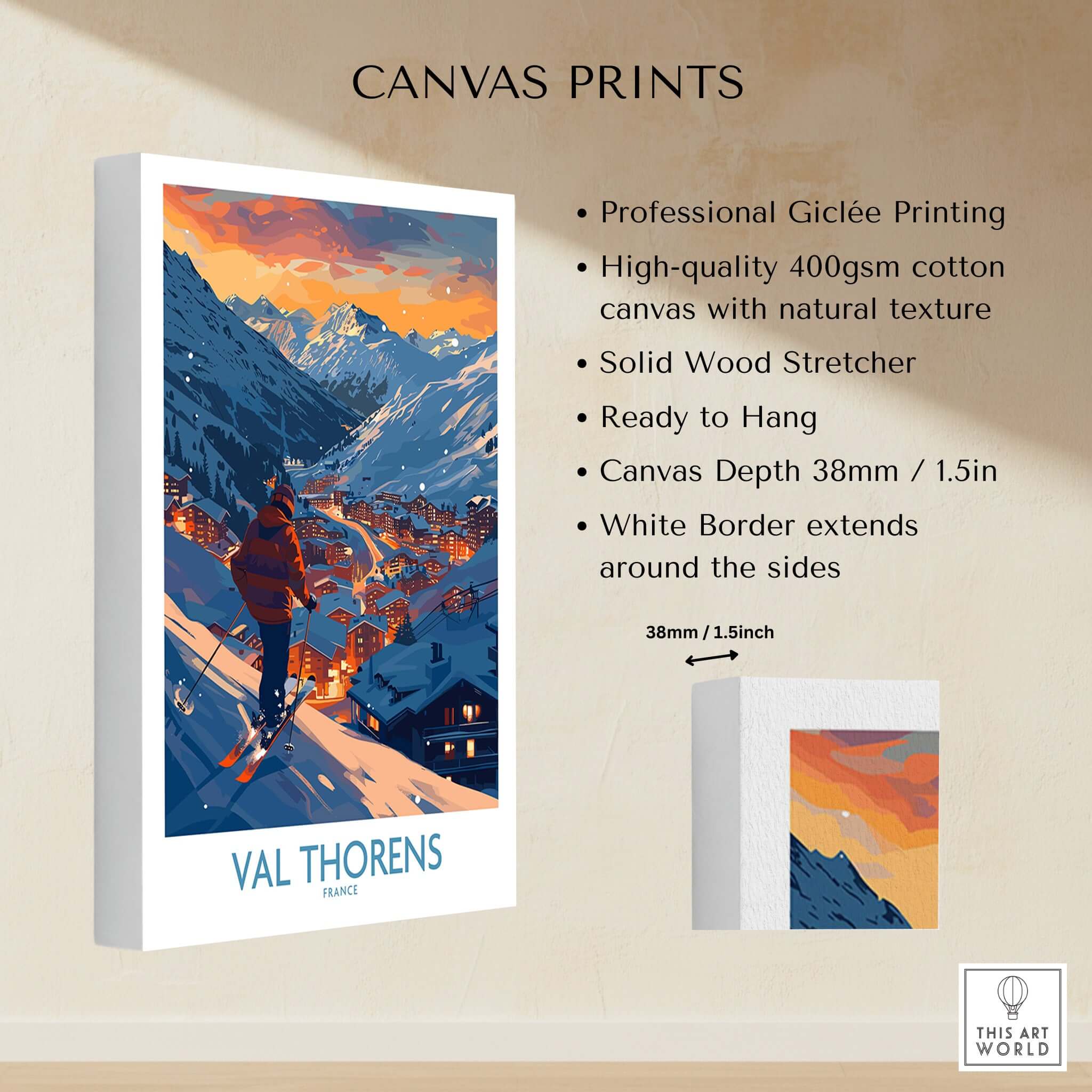 Val Thorens Ski Print showcasing stunning mountain landscape with vibrant colors, ready to hang decor for ski lovers.