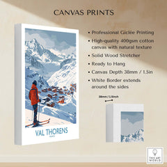 Val Thorens France Print showcasing ski beauty with high-quality giclée printing and natural canvas texture.