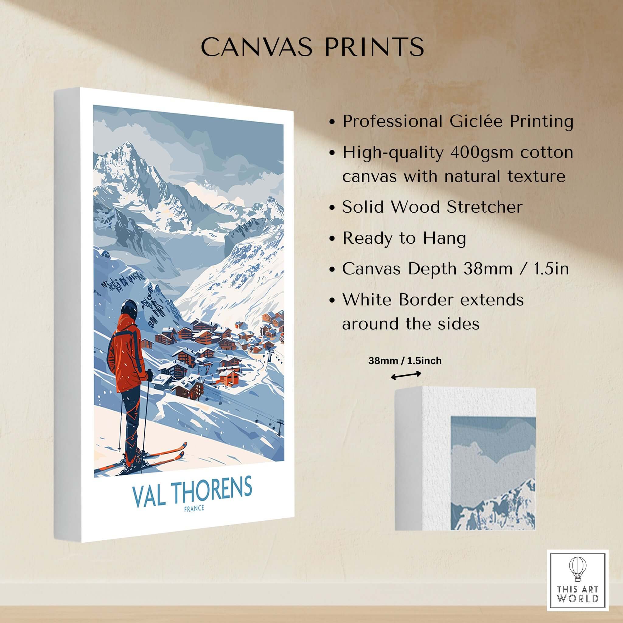 Val Thorens France Print showcasing ski beauty with high-quality giclée printing and natural canvas texture.