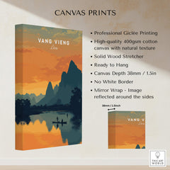 Vang Vieng Laos Travel Poster | Nam Song River Sunset Wall Art Print on high-quality canvas with vibrant colors.
